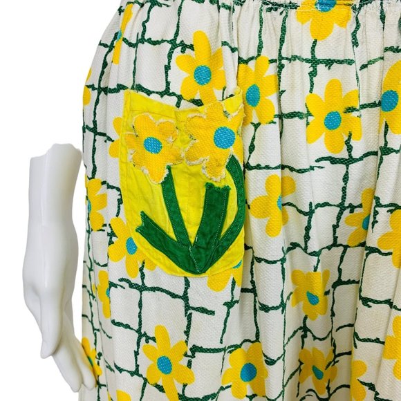 Vintage 50s Daisy Print Half Apron Blue And Yellow Handmade - Picture 3 of 8